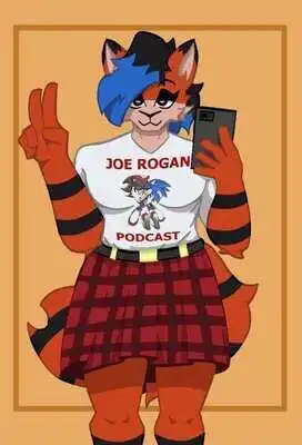 my sona wearing a graphic t-shirt with a graphic of sonic and shadow making out, with text that reads 'JOE ROGAN PODCAST'