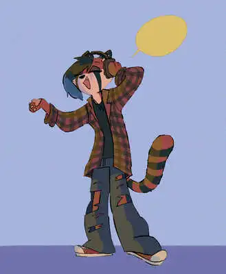 my sona wearing a black and red flannel over a black t-shirt with ripped jeans, she is wearing headphones and has one hand over them, there is a blank speech bubble pointing to her.