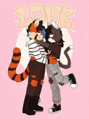 my red panda sona and my girlfriends tuxedo cat sona facing each other, looking at eachother lovingly, 'LOVE' is written at the top