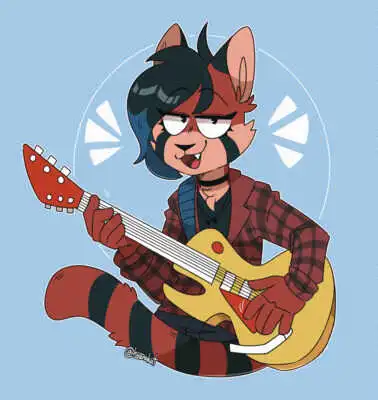 my red panda sona with black and blue hair, a black choker and shirt, and a red flannel holding a yellow guitar.