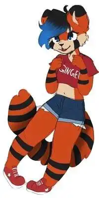my sona in a red crop top that reads 'GINGER' in all caps, short shorts, and red and white shoes.